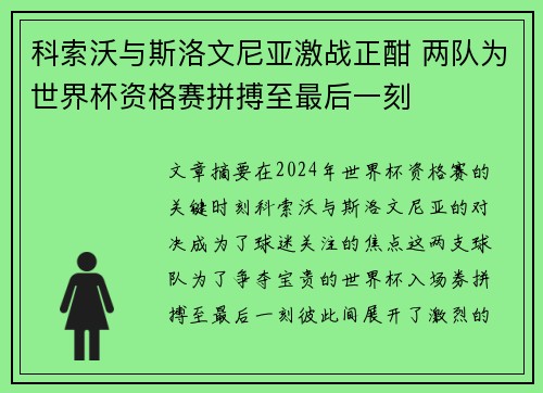 科索沃与斯洛文尼亚激战正酣 两队为世界杯资格赛拼搏至最后一刻