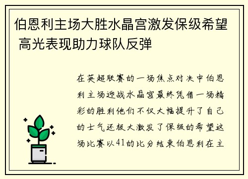 伯恩利主场大胜水晶宫激发保级希望 高光表现助力球队反弹