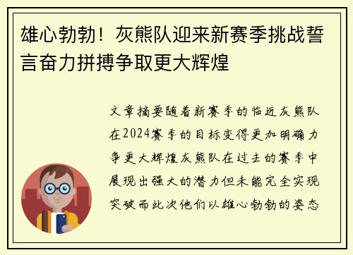 雄心勃勃！灰熊队迎来新赛季挑战誓言奋力拼搏争取更大辉煌